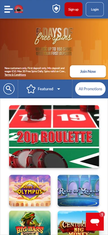 5 Days of Free Spins offer on mobile homepage