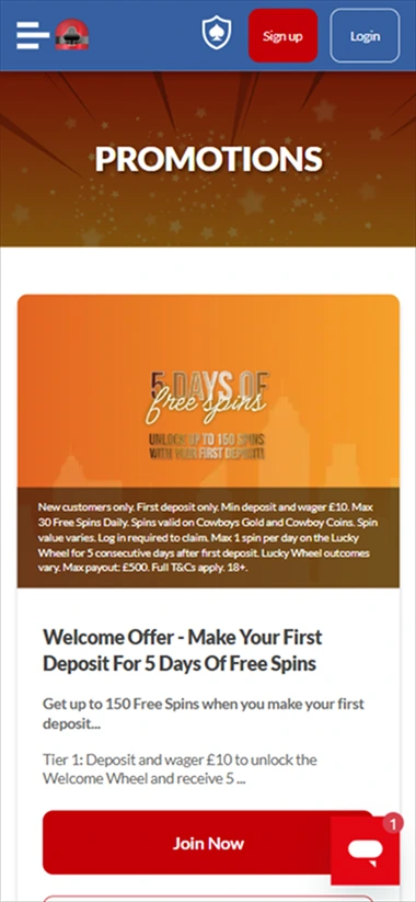 Promotions page on mobile – welcome offer block